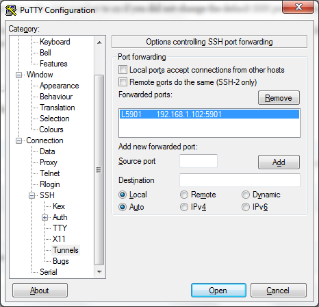 vnc through ssh tunnel putty